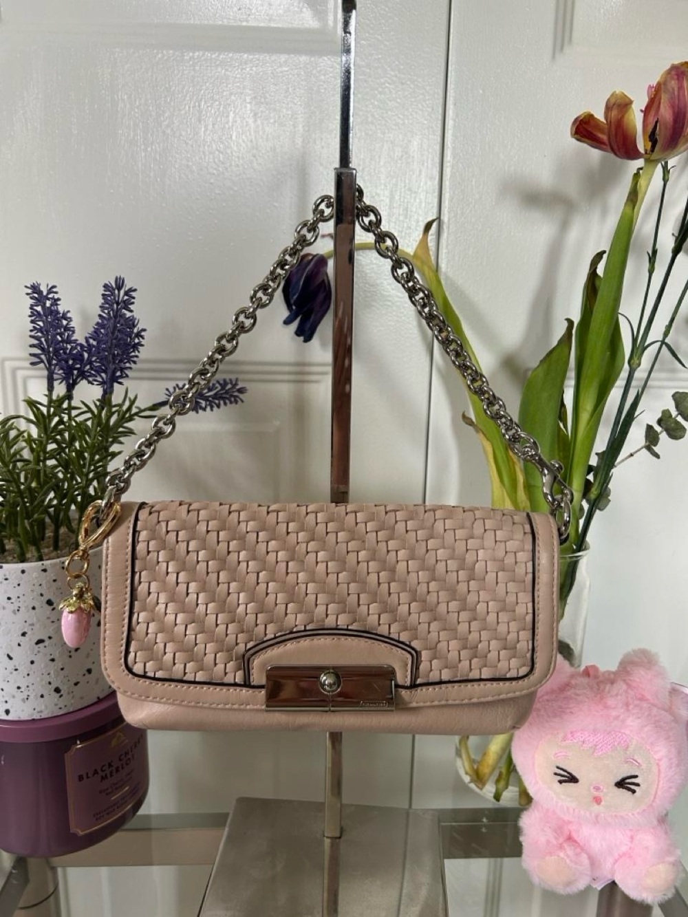 Coach Vintage Blush Woven Leather Shoulder Bag with Chain Strap